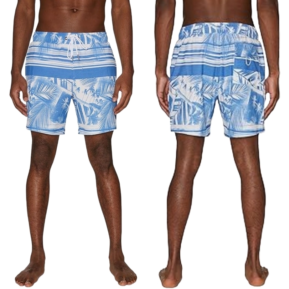 Spyder Men's 7" Blue Palm Print Volley Swim Trunks Mesh Lining Netting XL